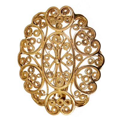 14k Rose Gold Pendant Brooch. 
Oval with beautiful filigree workmanship. 
Can be used as both 
