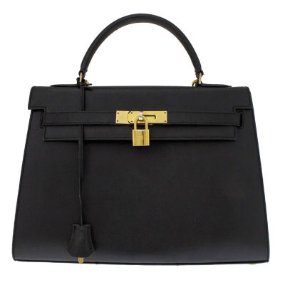 Hermes Kelly Bag. 
Black leather. 
With shoulder strap. 
Lock and two keys. 