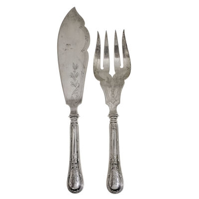 Silver Fish Serving Knife and Fork, Koch and Bergfeld, Germany, Circa 1900. 
Silver blades with 