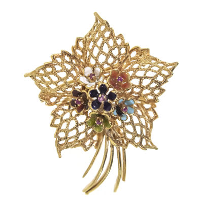 18k Yellow Gold Enamel and Ruby Brooch. 
Flower form with 6 rubies and colorful 