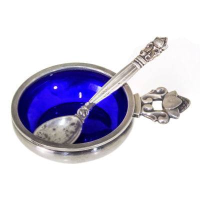 Georg Jensen Sterling Silver and Enamel Acorn Salt Cellar and Spoon. Georg Jensen Danish 