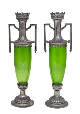 Pair of Pewter and Green Glass Vases, Early 20th Century. 
WMF? (apparently unmarked). 
Height: 