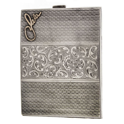 Art Deco Silver Cigarette Case, Warsaw, Poland, Circa 1930. 
Engraved ornaments. 
One side with 