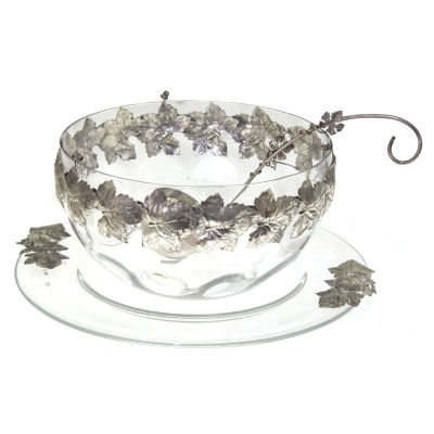 Sterling Silver and Crystal Punch Bowl and Ladle, Maria Cristina, Italy, 20th Century. Sterling 