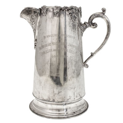 Pitcher Presented by Johannesburg Mayor Max Goodman, 1956-1957. 
Silver plated. 
Engraved 