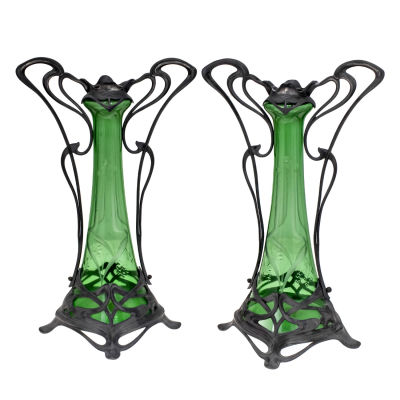 Pair of WMF Pewter and Green Glass Twin Handle Vases, Germany, Circa 1906. 
Green glass etched 