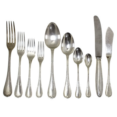 Christofle Flatware Cutlery Set, 121pcs, Paris, France, Circa 1900. 
Rubans pattern. 
