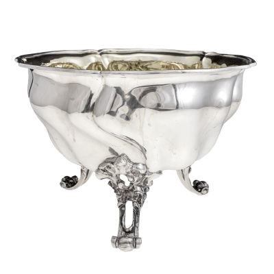 Large Silver Centerpiece Bowl, Dresden, Germany, Circa 1900. 
Fluted ornaments, three stylized 