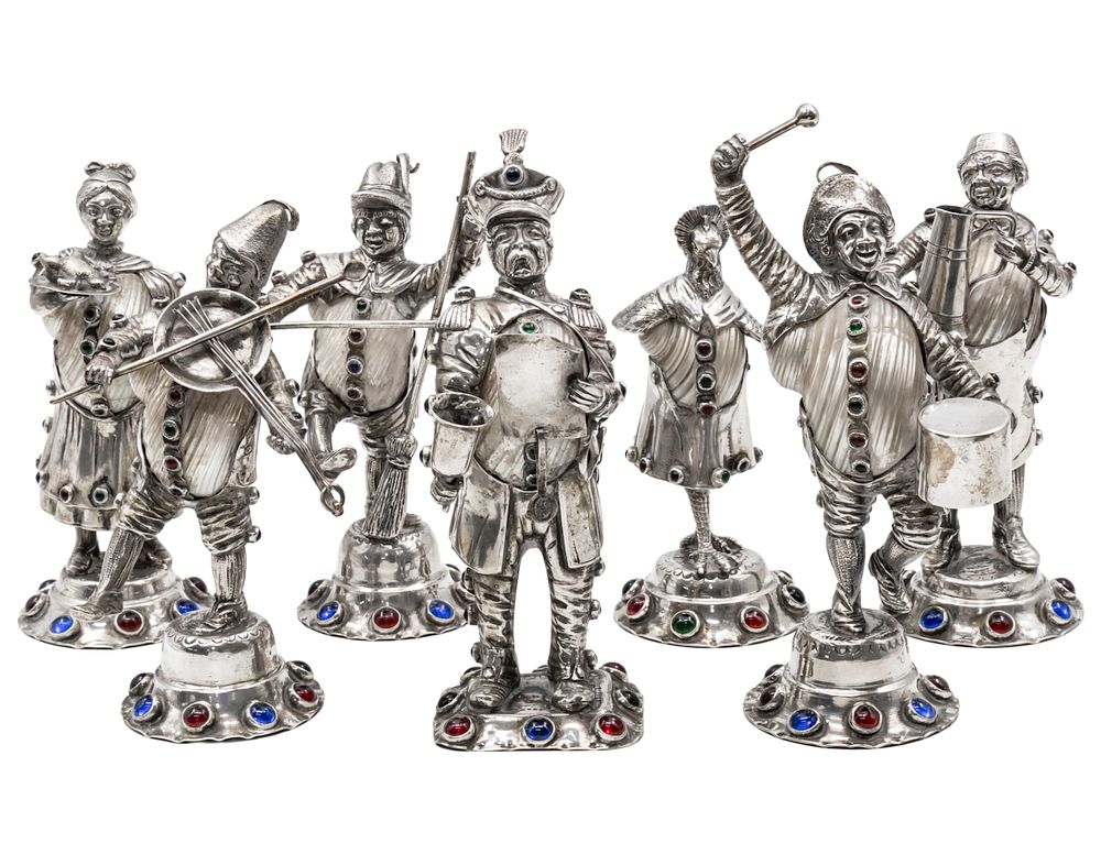 Outstanding Set of 7 Silver, Shell and Gem German Folk Figures, Hanau, 19th Century. Outstanding 