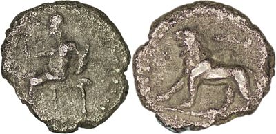 Uncertain satraps of Babylon (Circa 328-311 BC). AR Obol (0.38g/ 8mm). Baal seated left 