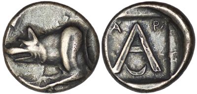 Argolis. Argos (Circa 330-270 BC). AR Triobol (2.23g/ 18mm). Forepart of wolf at bay left / 