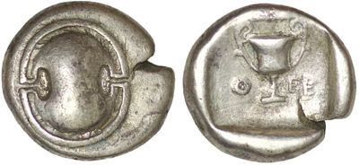 Achaean League. Boeotia. Thebes. ca. 379-371 BC. AR Hemidrachm (3.26g/ 17mm). SNG Copenhagen 