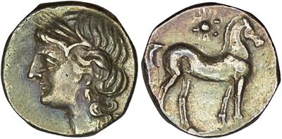 Carthage. Circa 221-201 BC. AR Half Shekel (3.86g/ 17mm). Punic mint in Bruttium. Struck during 