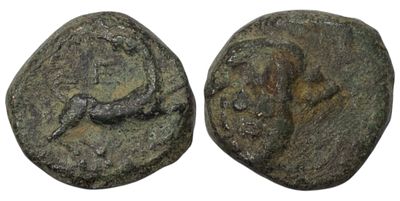 Ancient Greece. Uncertain. &AElig; (2.44g/ 11mm). Horse to right, E above/ Male facing bust. Fine.