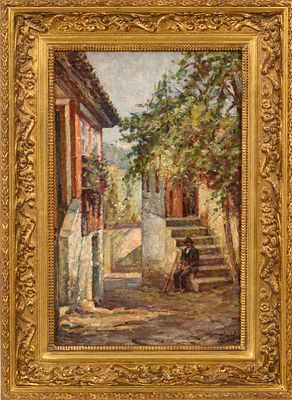 Jos&eacute; DE ALMEIDA E SILVA (1864-1945) - ALMEIDA E SILVA, Vista de aldeia com figura, &Oacute;leo sobre 