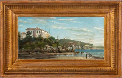 Flamenco (?), Paisagem de casa numa arriba, &Oacute;leo sobre tela, Dim. aprox.: 16,5 x 33,5 cm. ENG 