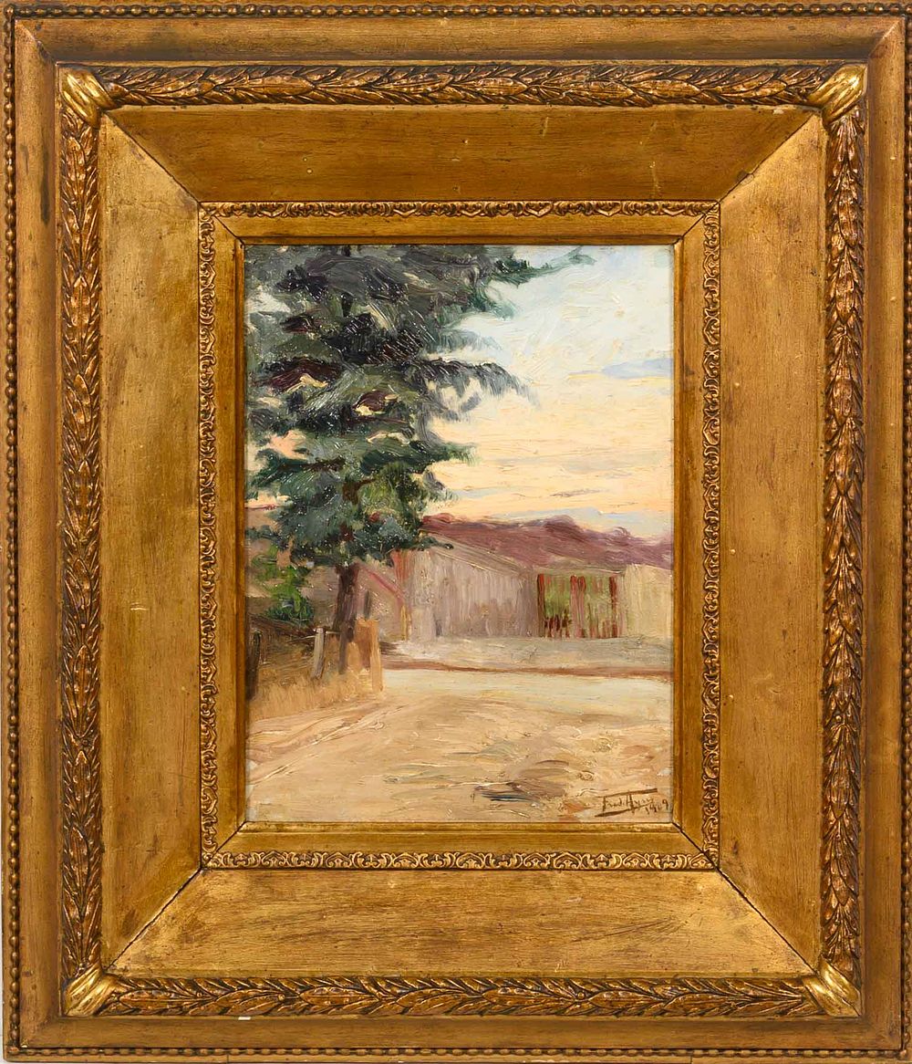 Frederico AYRES (1887-1963) - Frederico AYRES, Vista de rua, &Oacute;leo sobre tela, Dim. aprox.: 34 x 25 cm.