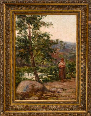 Jos&eacute; DE ALMEIDA E SILVA (1864-1945) - ALMEIDA E SILVA, Paisagem com figura, &Oacute;leo sobre madeira 
