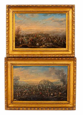 Escola de Charles PARROCEL, Cenas de Batalha, Par de &oacute;leos sobre cobre, Dim. aprox.: 22,5 x 32,5 cm.