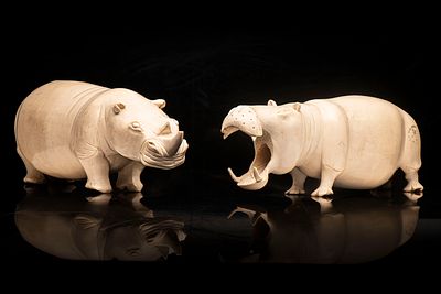 Hipop&oacute;tamo e rinoceronte, esculturas em marfim, s&eacute;c. XX. ENG Hippopotamus and rhinoceros, ivory 