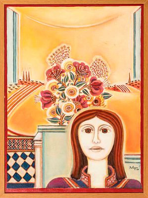 REL&Oacute;GIO, Francisco Pedro Rel&oacute;gio (1926-1997) - Francisco REL&Oacute;GIO, "Mulher, flores e paisagem" 