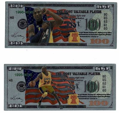 שתי שטרות רפליקה של שטר 100 דולר מצופה כסף טהור 999, עם דמויות של שחקני NBA. מדהים!