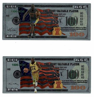 שתי שטרות רפליקה של שטר 100 דולר מצופה כסף טהור 999, עם דמויות של שחקני NBA. מדהים!