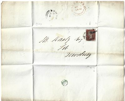 מכתב ומעטפה נדירה מאנגליה 1844 עם בול רד פני ללא פרופורציה. המכתב המקורי בפנים נדיר ביותר. 