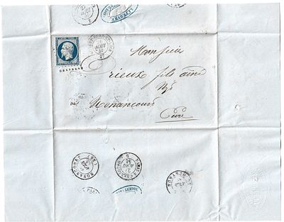 מכתב בין שני עמודים בתוך מעטפה עם בול נפוליאון השלישי מוקדם משנת 1879. מכתב והמעטפה במצב מצוין. נדיר