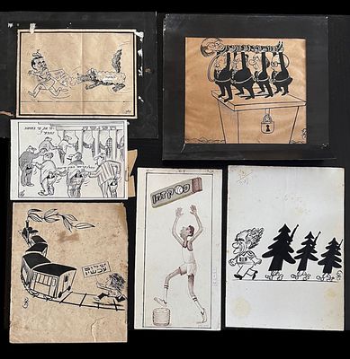לוט קריקטורות מעיתונים שנות ה60-90 איורים אותנטיים ומקוריים- 6 יח' במצב טוב בלאי טבעי, כתמים וקרעים.