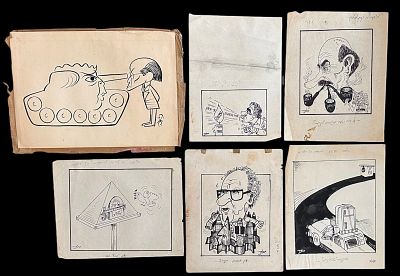 לוט קריקטורות מעיתונים שנות ה60-90 איורים אותנטיים ומקוריים- 6 יח' במצב טוב בלאי טבעי, כתמים וקרעים.