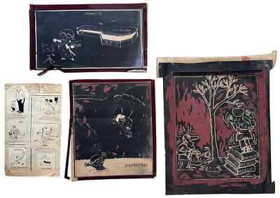 לוט קריקטורות מעיתונים משנות ה-60-90 אותנטיים - 4 יח' על דף שקוף שחור ועלון קומיקס במצב טוב 