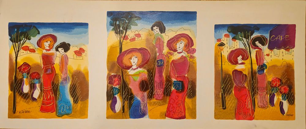 ליטוגרפיה יפהפיה של 3 ציורים צמודים. צבעים חזקים, אורך הקרטון ביצוע: 65&times;27 ס"מ