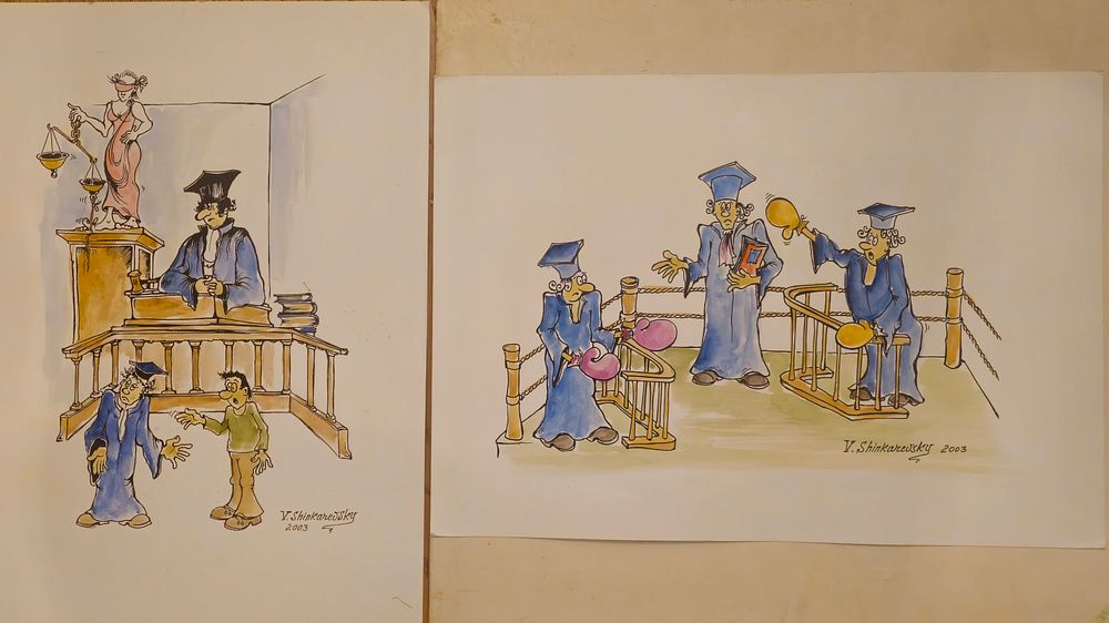 2 ציורים מהממים המציגים תמונות מבית המשפט. ציורים בביצוע של צבעי מיים על קרטון ביצוע. גודל כל 