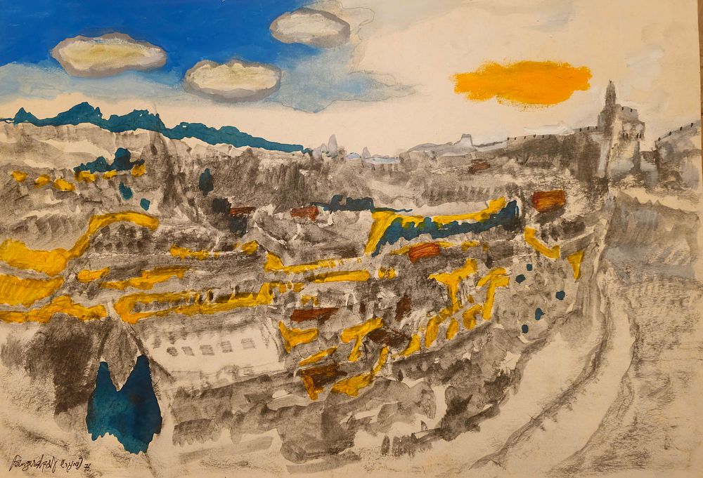 ציור מהמם של הצייר עודד פיינגריש. טכניקת ביצוע משולבת של צבעי מיים ופחם (*) 
מידות הציור: 51&times;36 ס"מ