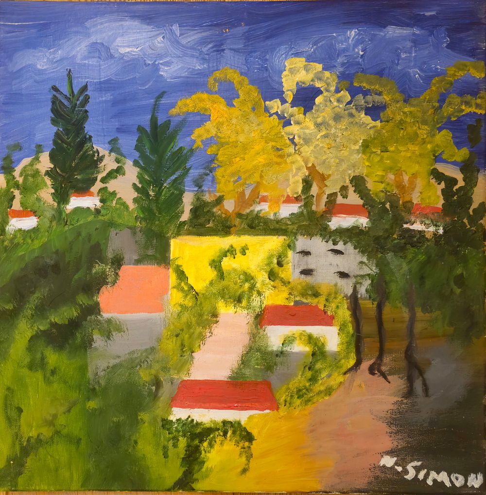 ציור משגע של ניצה סימון. צבעי שמן על בד. מידות: 40&times;40 סמ. ציור משגע של ניצה סימון. צבעי שמן על 