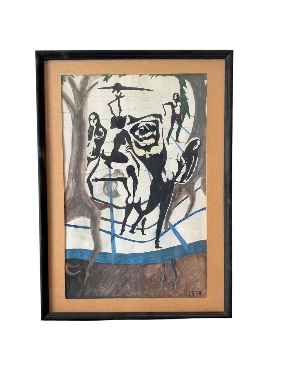ציור של הצייר דודו דהאן בוגר בצלאל.
גואש על נייר
פרצוף של אדם המורכב מציורי רקדניות. 