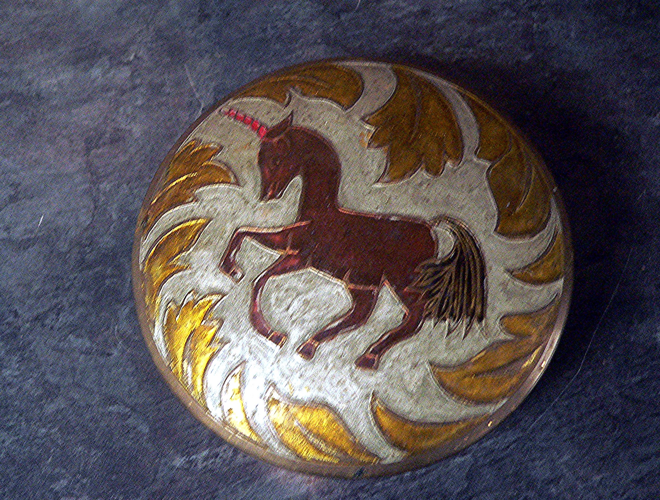 Vintage Brass Lidded Box with Enamel Cloisonné Red Unicorn & Gold Leaf Design