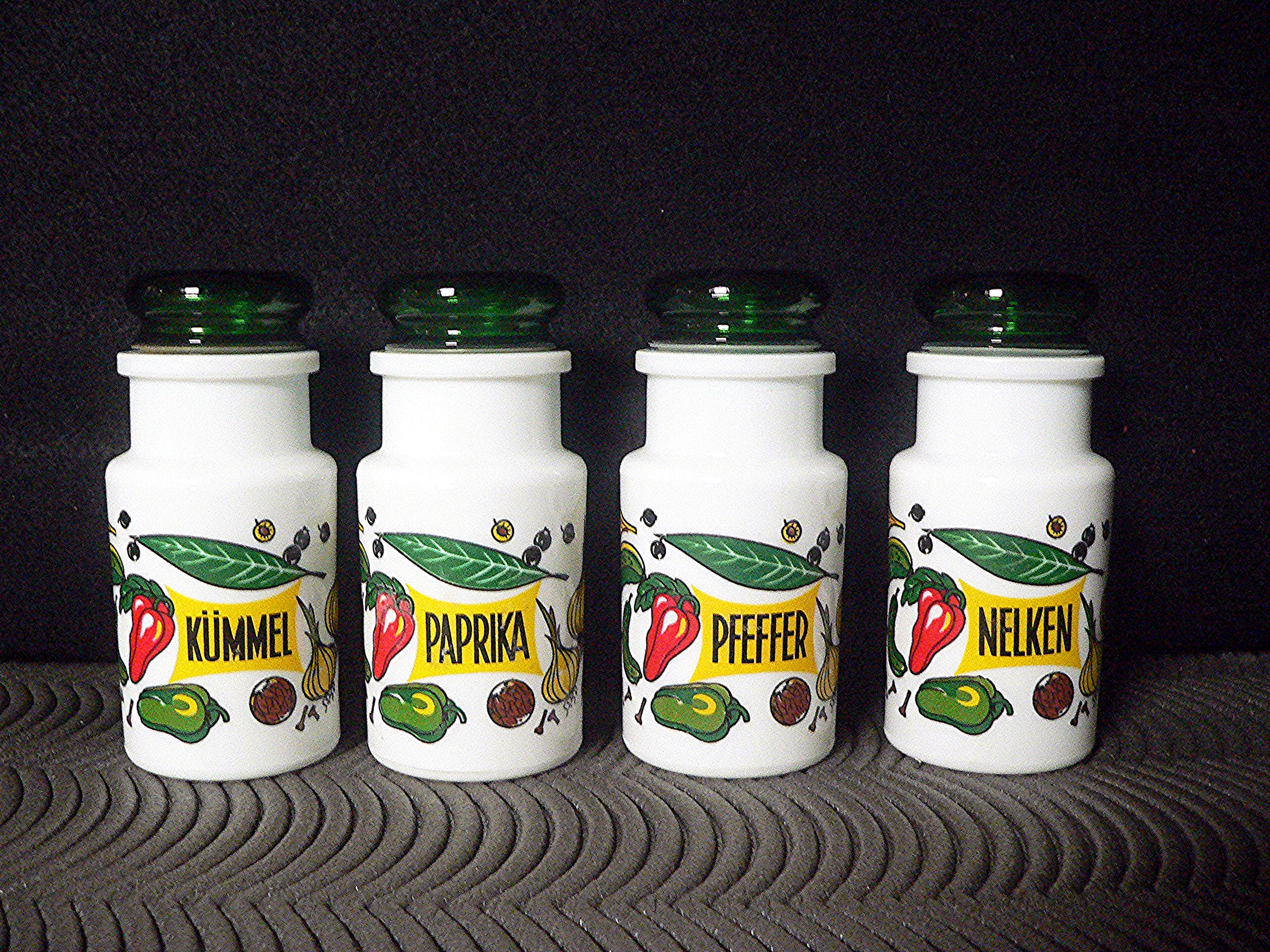 Four Vintage German Milk Glass Spice Jars