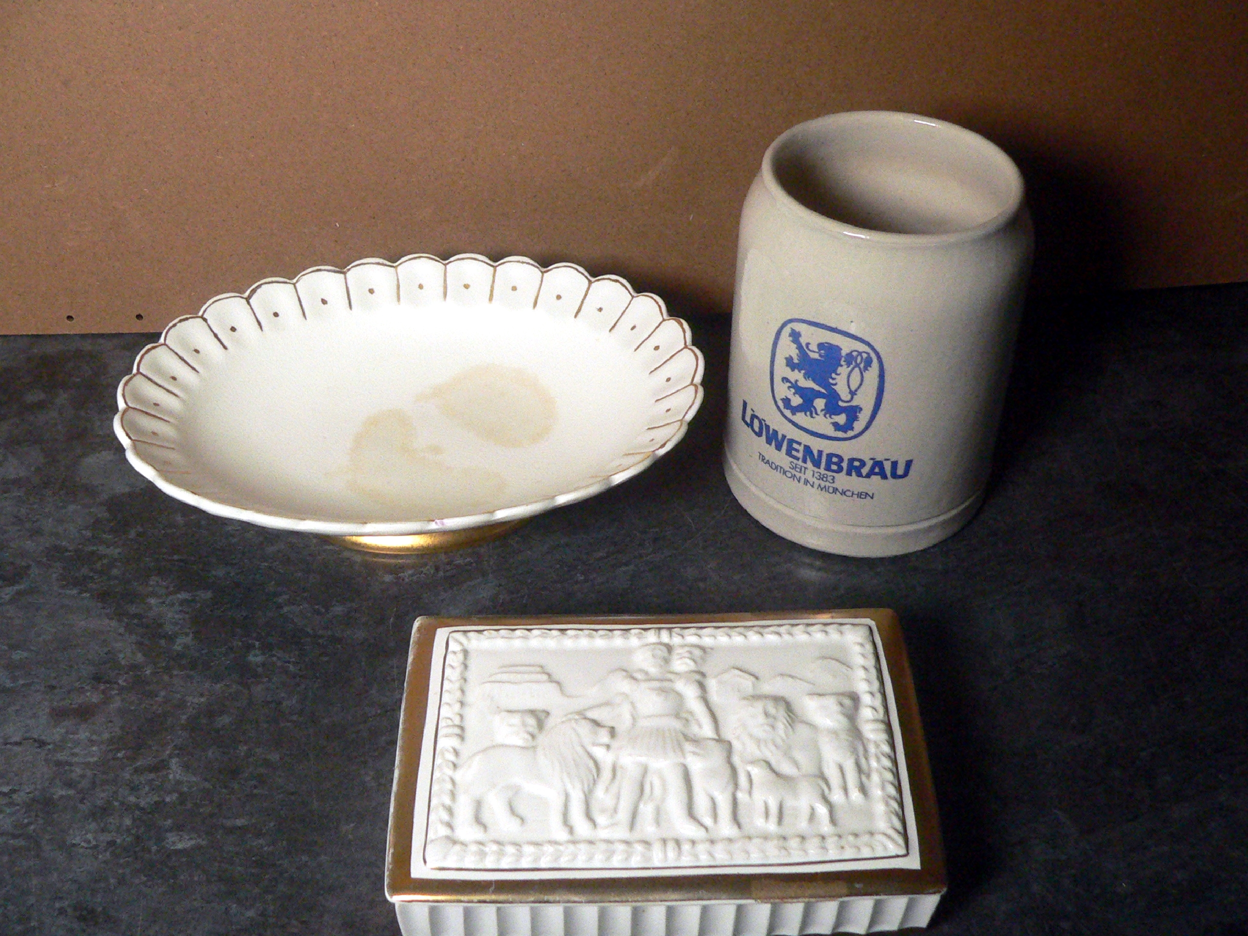Vintage J. Wood & Arthur Wood Oval Dish & Gilded Embossed Trinket Box and a random West German stein