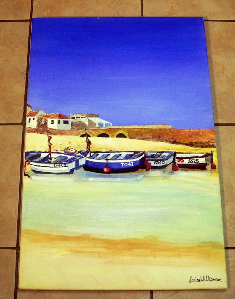 (NO POST) - LARGE Louise Williamson St Ives Harbour Cornwall Boats at Low Water Signed Painting