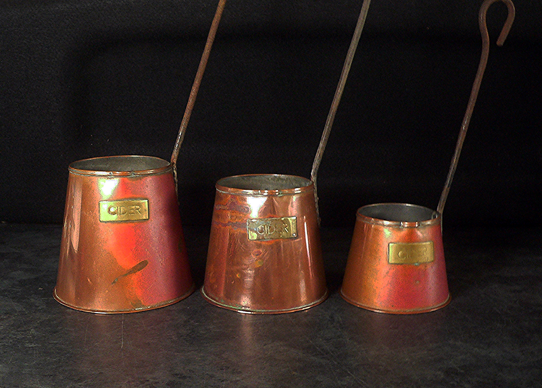 3 x Vintage Graduated Copper Cider Measuring Cups - Brass Plates with Iron Handles