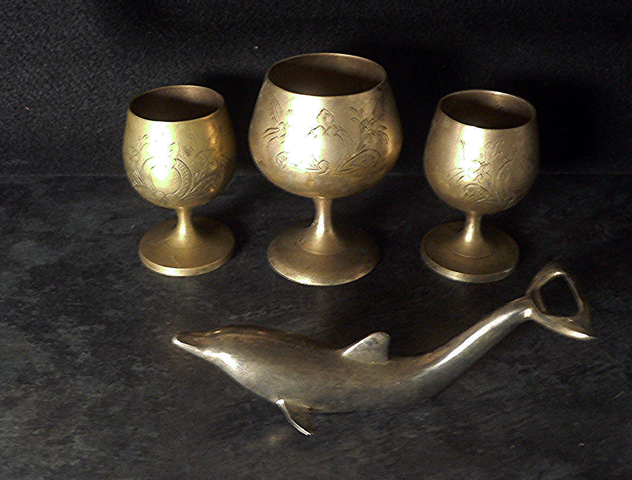 Plated Goblets and a metal dolphin bottle opener