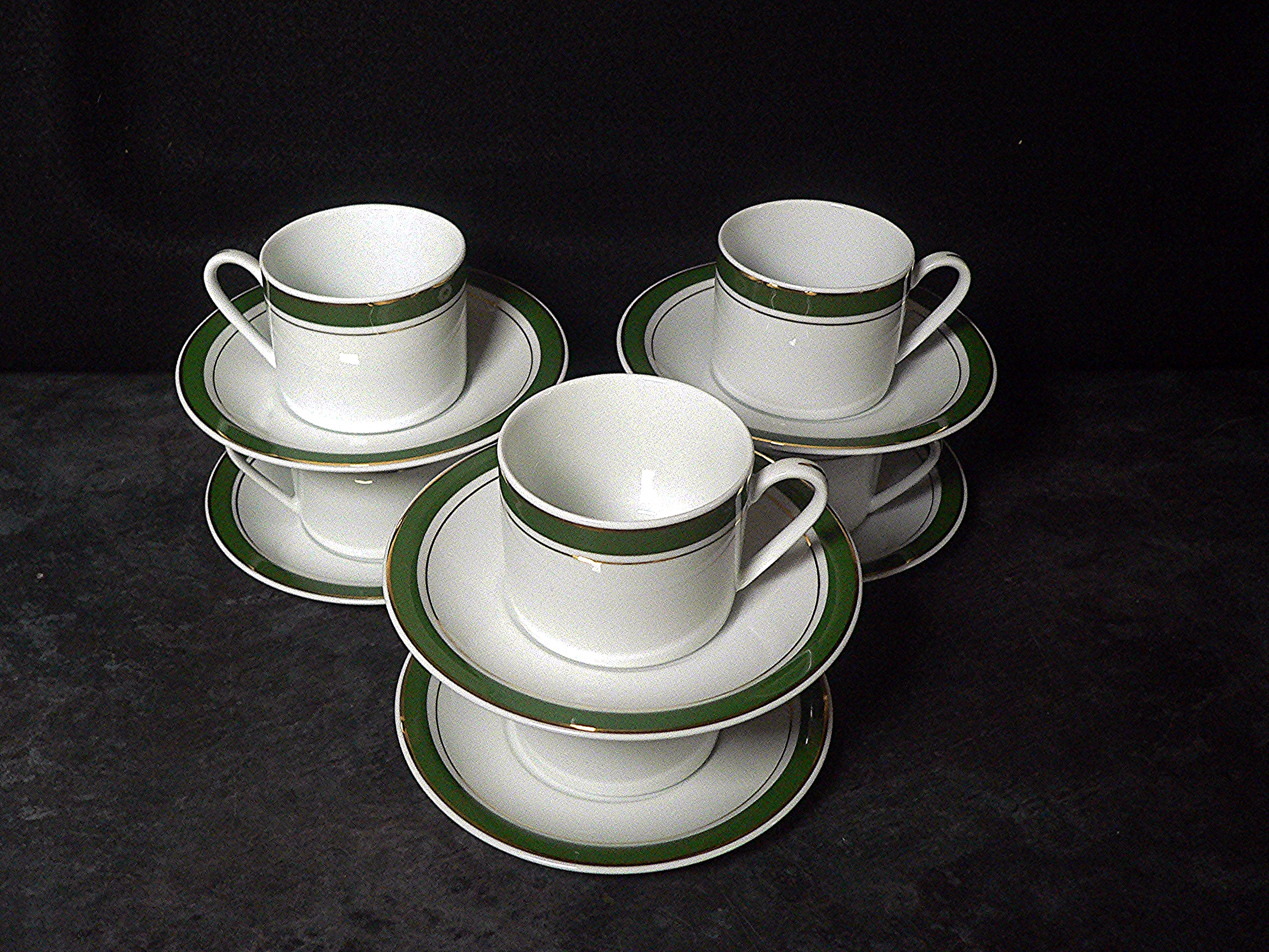 12 piece Royal Porcelain demitasse set - Green, white with gold coloured rims - excellent
