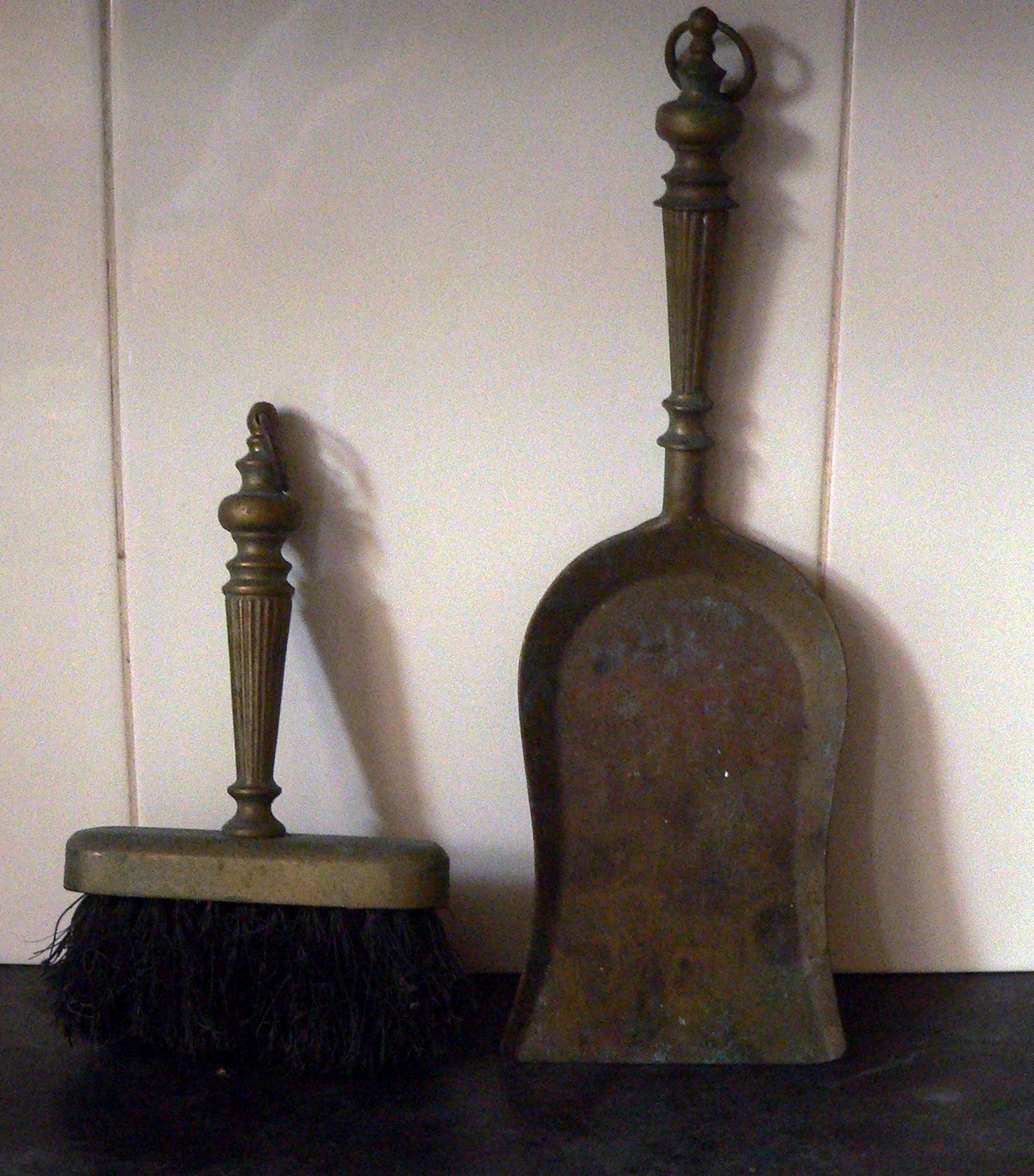 Antique fireside brass shovel & brass handled brush