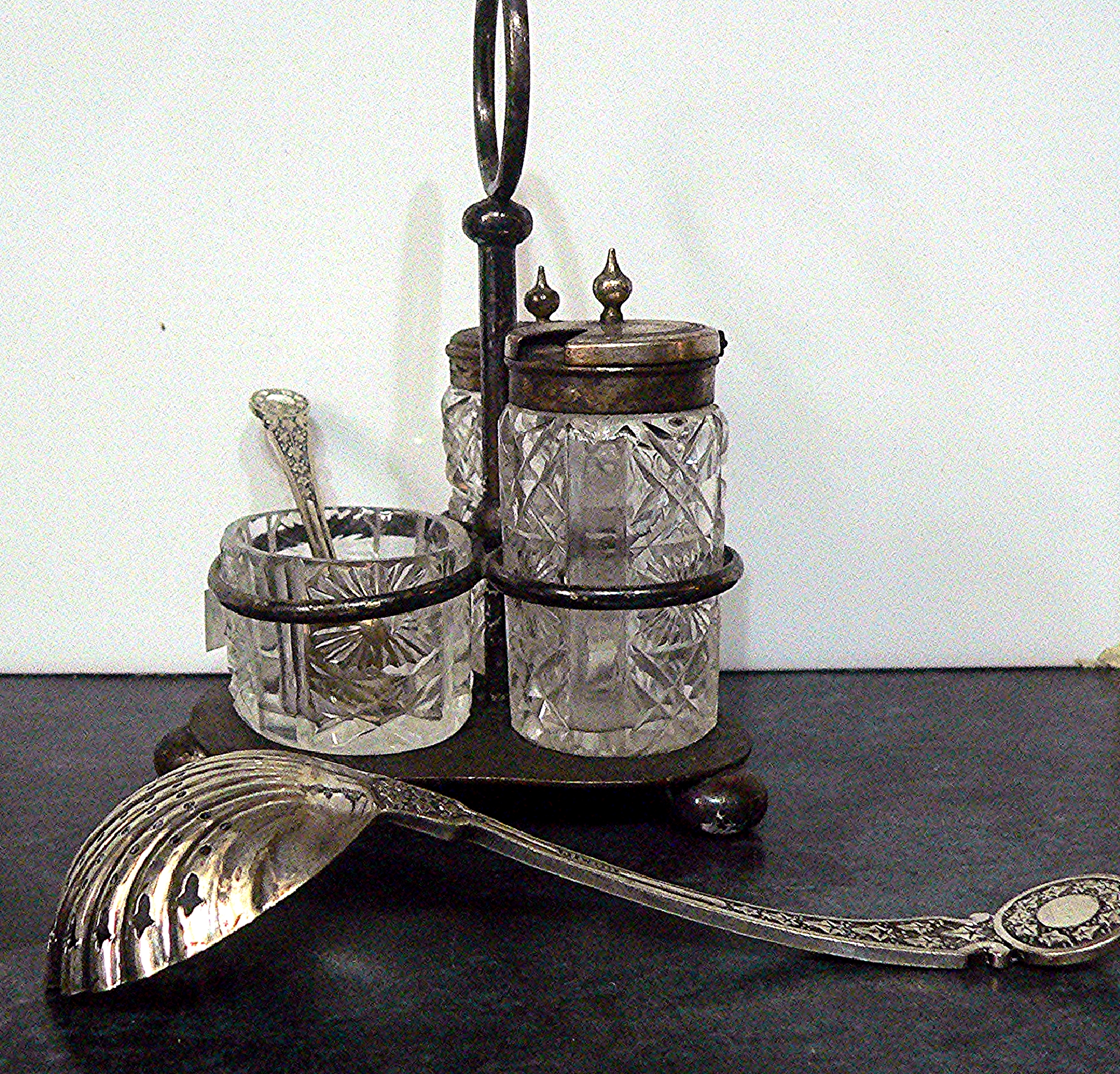 Antique silver plated condiment set with mustard & sugar sifter spoon