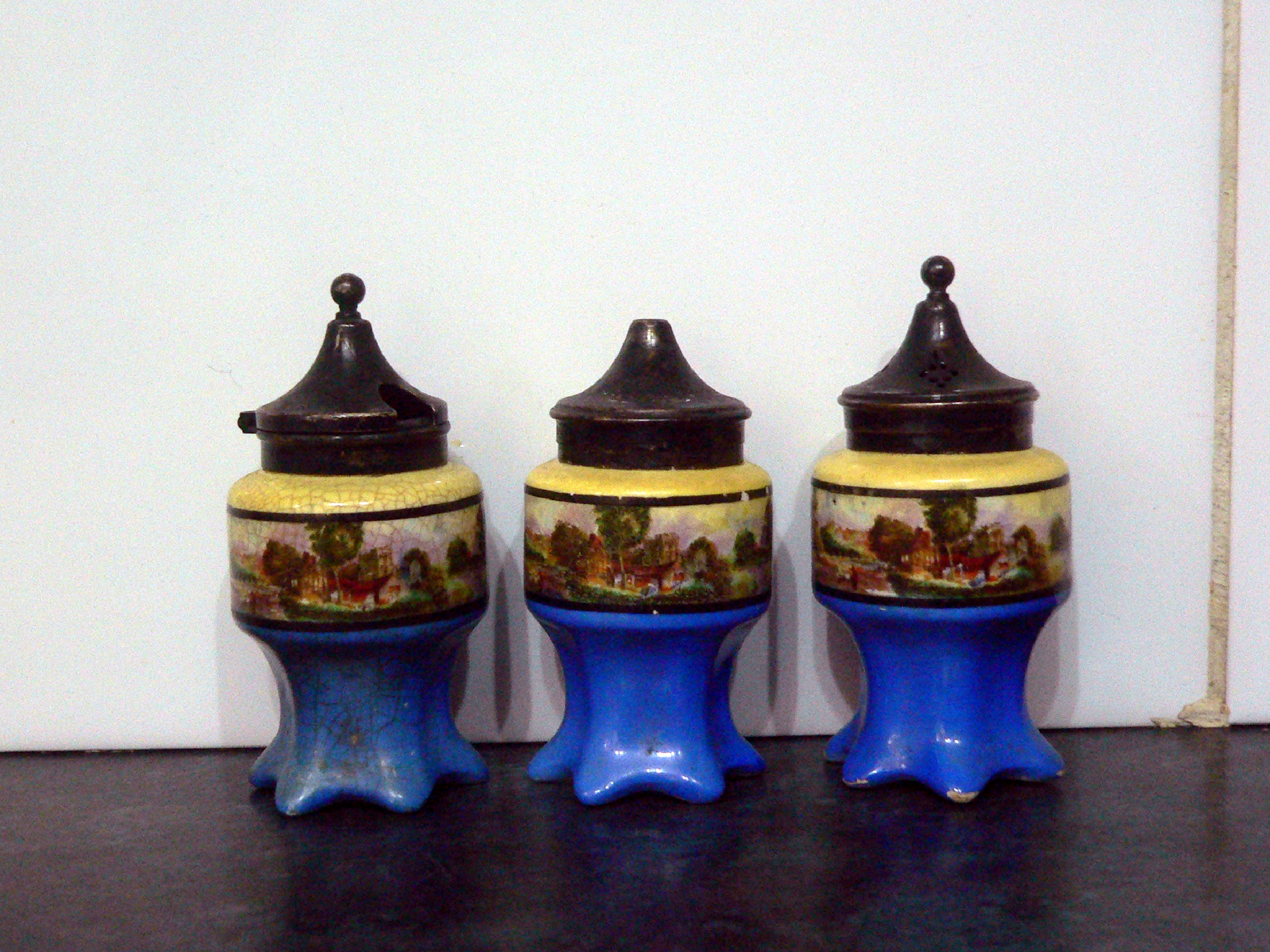 Trio of pre-WWII Lancaster & Sons condiments - salt, pepper & mustard pot