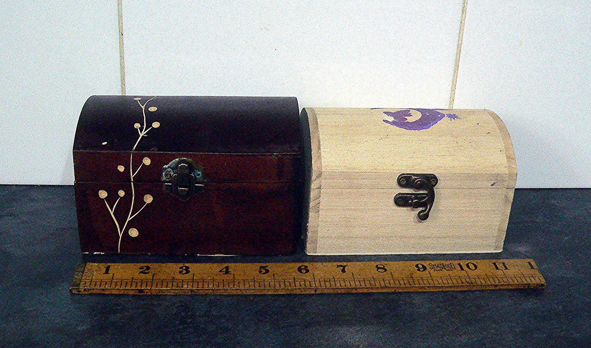 Pair of hinged wooden "treasure" chests