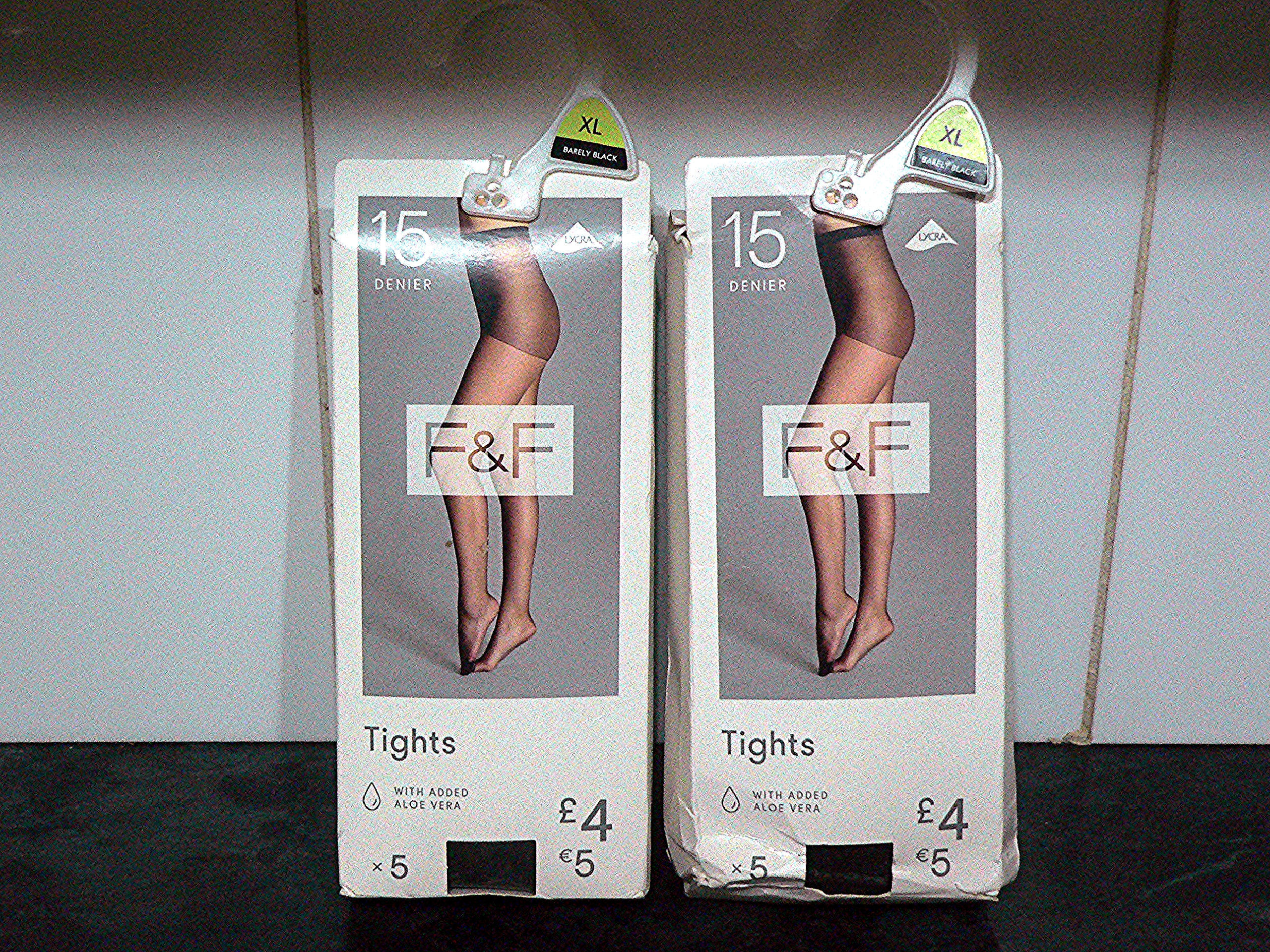 Ten pairs of 15 Denier tights in two packs of five. Size is XL