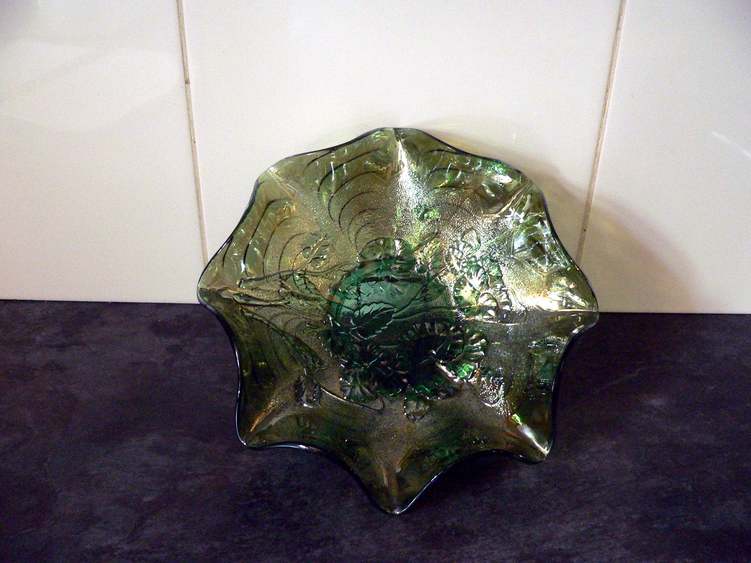 Green carnival glass dish